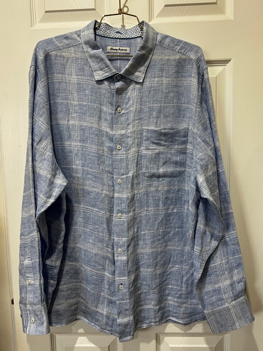 Tommy Bahama Men's Paradisio Blue White Plaid Linen Long Sleeve Shirt Size XXL